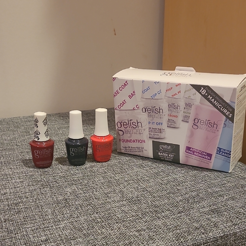 Gelish Gel Polish Trio + Basix Kit - Sing 2 Red, Dark Blue, Coral/Pink